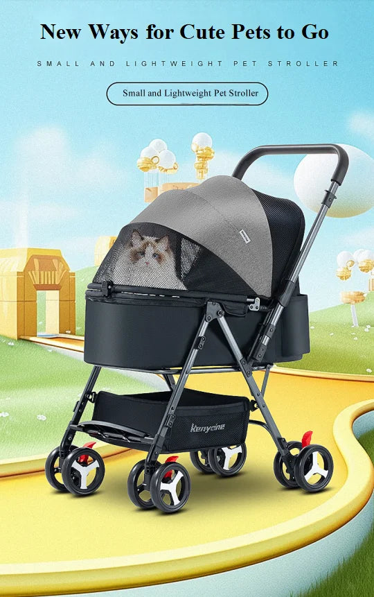 Small Compact Lightweight 4-Wheel Foldable All-Weather Canopy Pet Stroller for Small Medium Dogs and Cats in Outdoor Adventures
