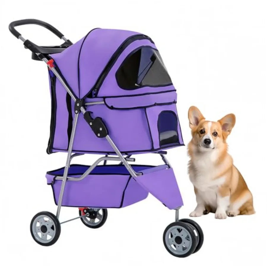 BestOffice 3-Wheel Foldable Pet Stroller with Cup Holder - Lightweight Travel Carrier for Small & Medium Dogs & Cats