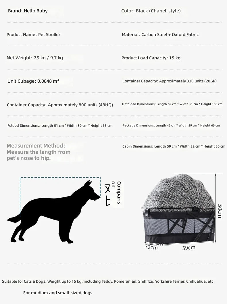Pet Stroller for Small Cats and Dogs, Portable and Foldable, Lightweight Travel Carrier, All-Terrain Wheels, Adjustable Handle