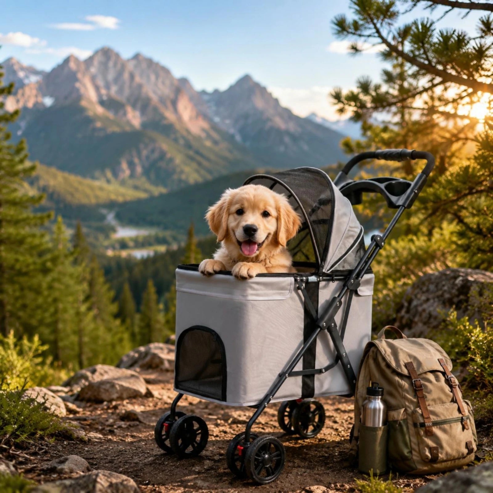 Foldable Pet Stroller Carrier Wheeled Mesh Pet Stroller