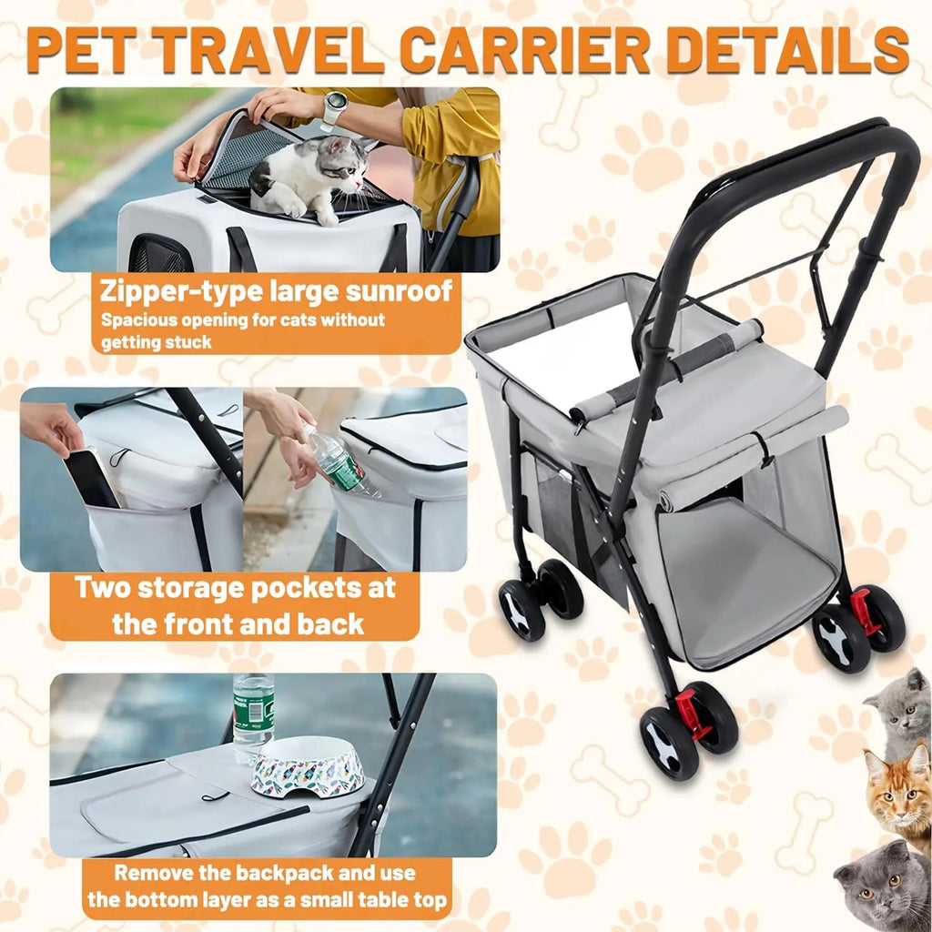 Double Pet Stroller for Dog Cats, Quick-Folding Dog Stroller Carrier with Detachable Carriers, Pet Travel Carrier Strolling Cart