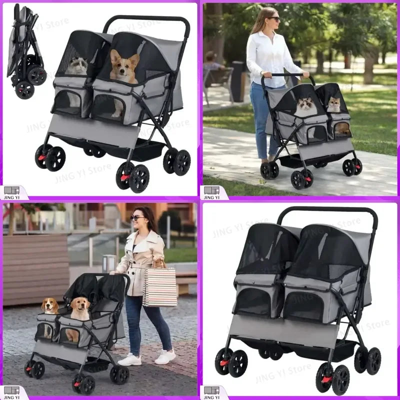 Foldable Double Pet Stroller with Adjustable Sunshade Storage Basket and Pet Travel Accessories for Dogs Cats Small Animals