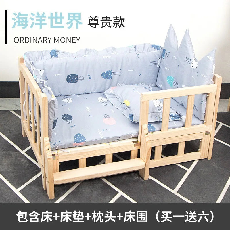 Elevated Solid Wood Pet Bed, All-Season Washable Cover