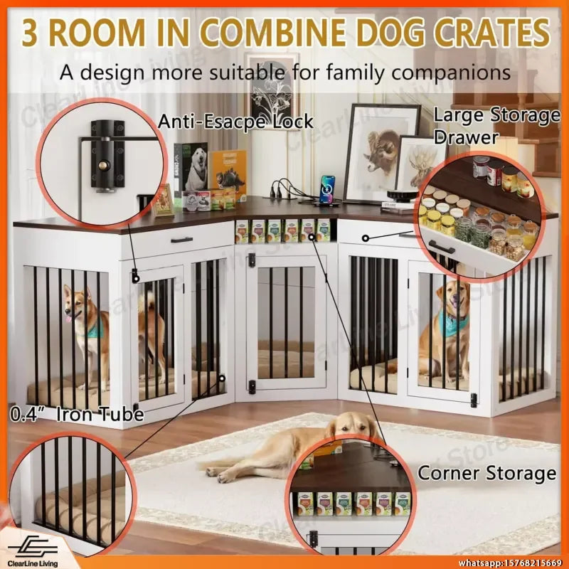 Heavy-Duty Wooden Dog Crate Furniture with Storage Drawers & Power Outlet