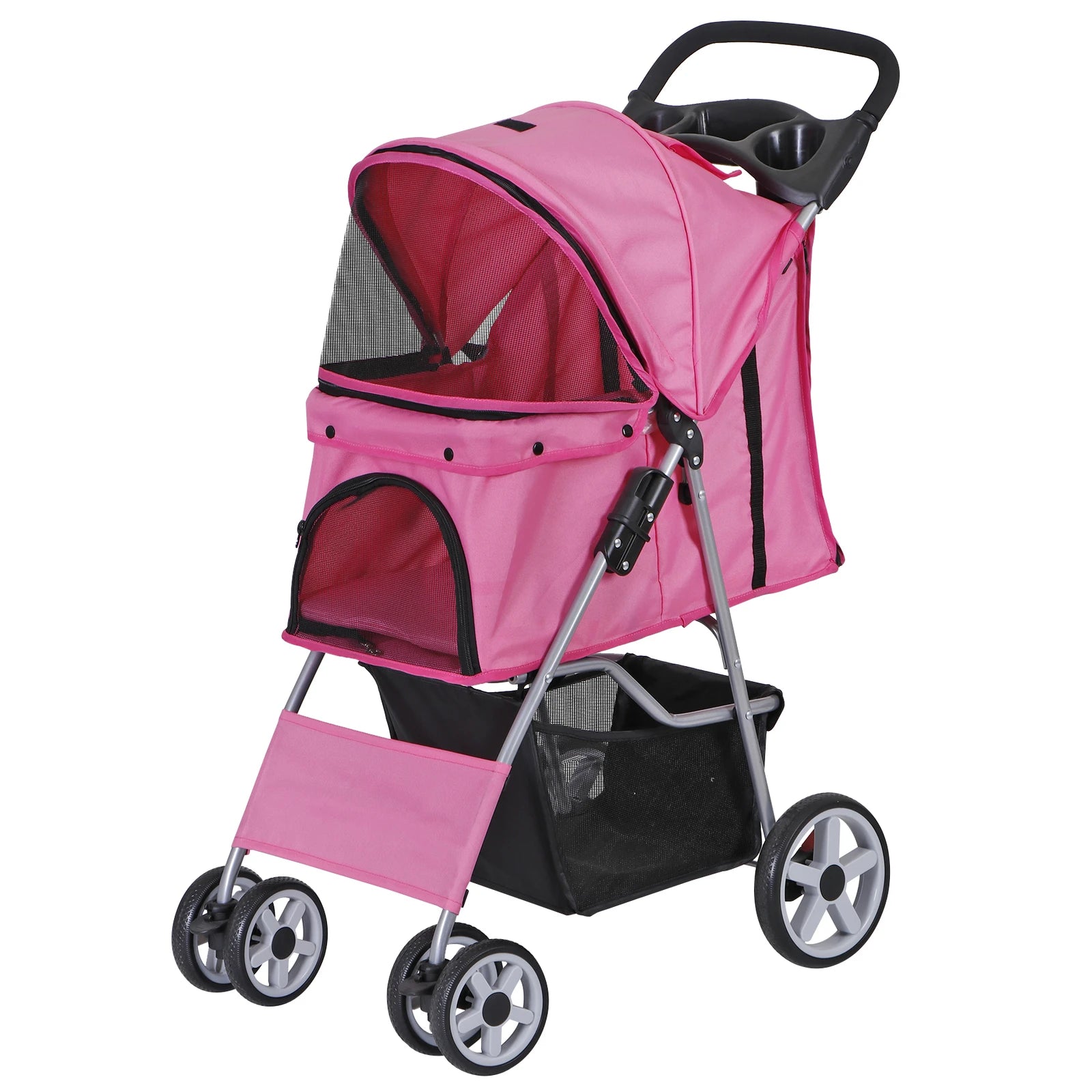 4-Wheel Foldable Pet Stroller with Storage Basket for Dogs & Cats - Lightweight Outdoor Travel Cart