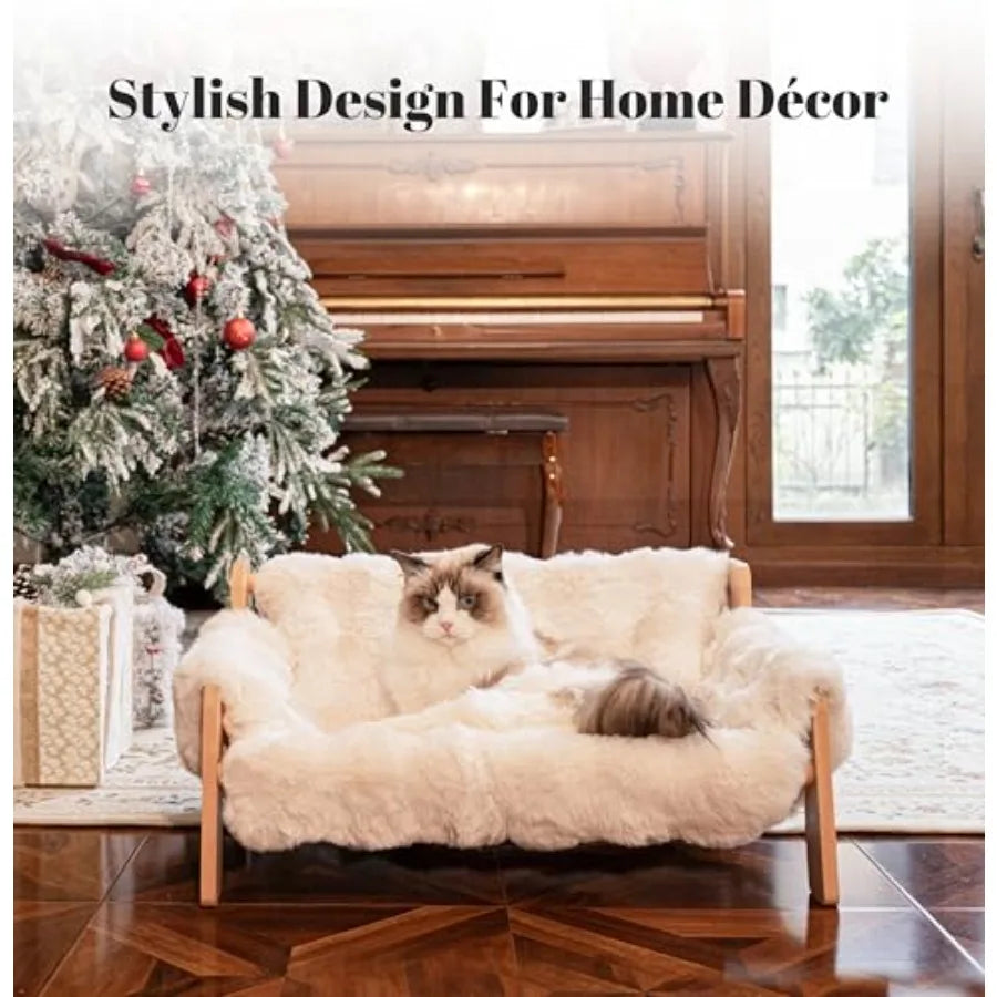 Elevated Wooden Cat Couch Bed with Removable Fluffy Cover