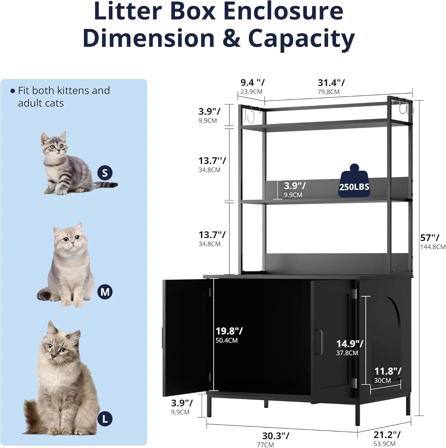57in Wooden Cat Litter Box Enclosure with Shelves & Hooks (Black)
