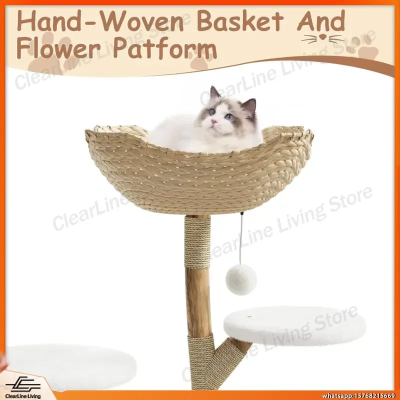 Multi-Level Cat Activity Tree with Wicker Basket Bed & Scratching Post