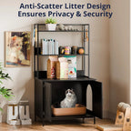 57in Wooden Cat Litter Box Enclosure with Shelves & Hooks (Black)