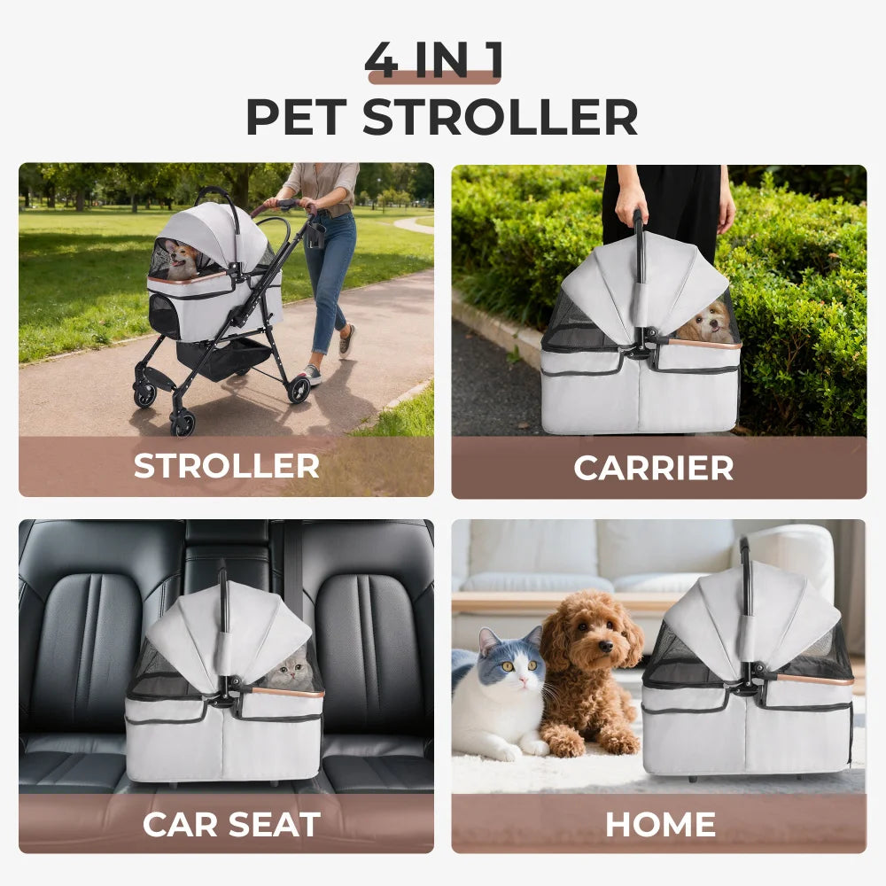4-Wheel Foldable Pet Stroller for Dogs & Cats with 360° Rotating Wheels, Separable Carrier & Travel Bag for Small Animals