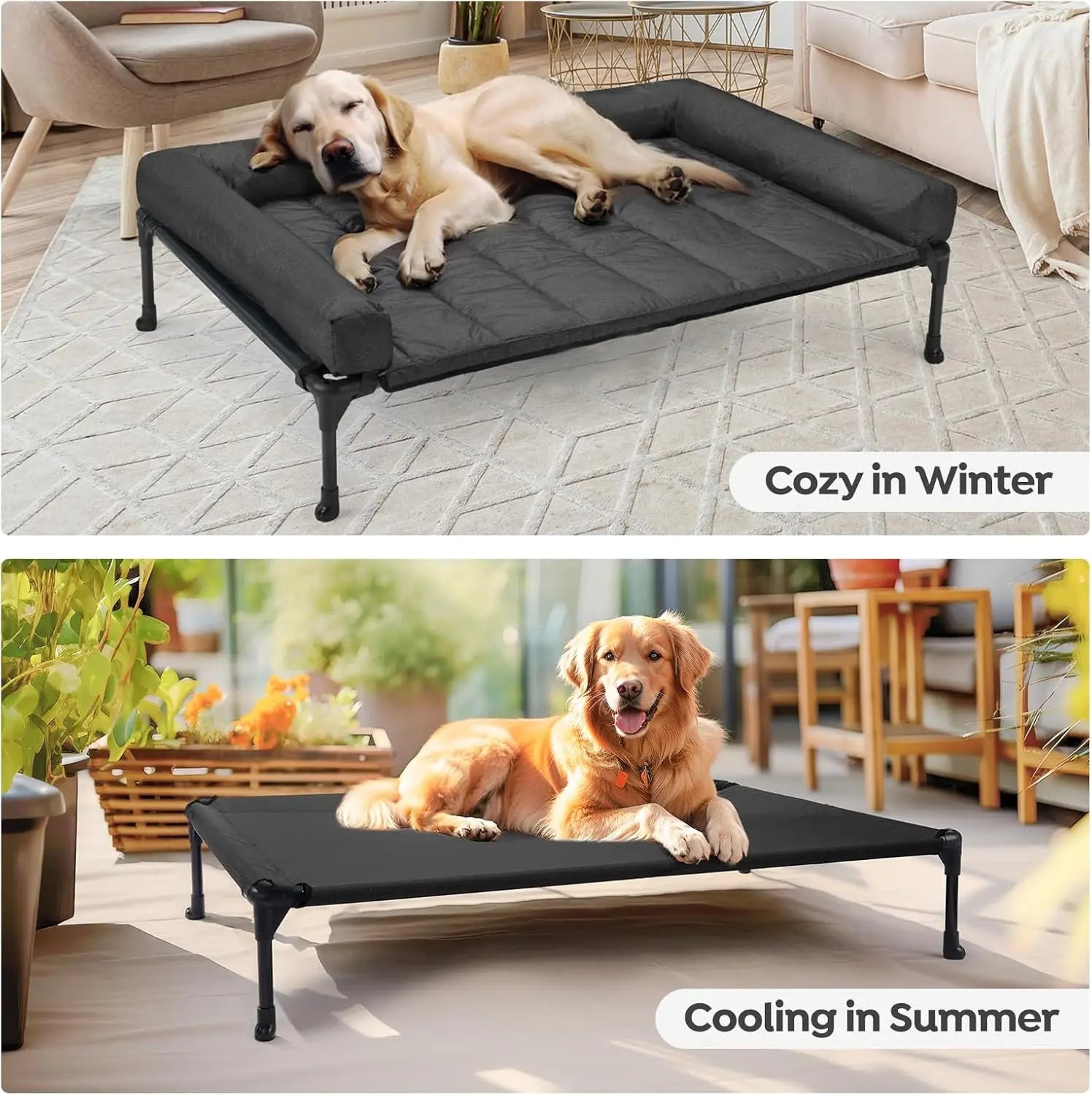Cooling Elevated Dog Bed with Bolster Cushion (42x30in, Black)