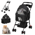 Foldable Pet Stroller, 4 Wheel Dog and Cat Stroller with Removable Carrier, Breathable Mesh Canopy, Storage Basket Cup Holder,