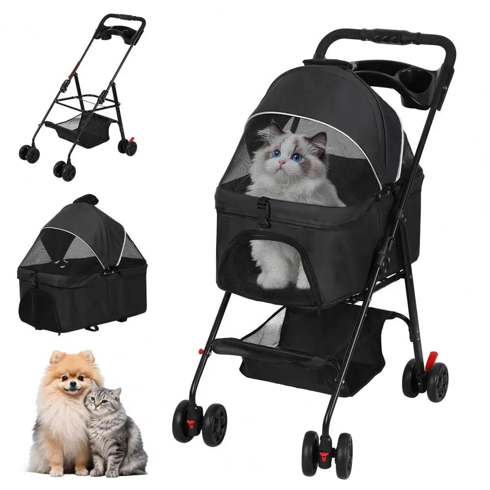 Foldable Pet Stroller, 4 Wheel Dog and Cat Stroller with Removable Carrier, Breathable Mesh Canopy, Storage Basket Cup Holder,