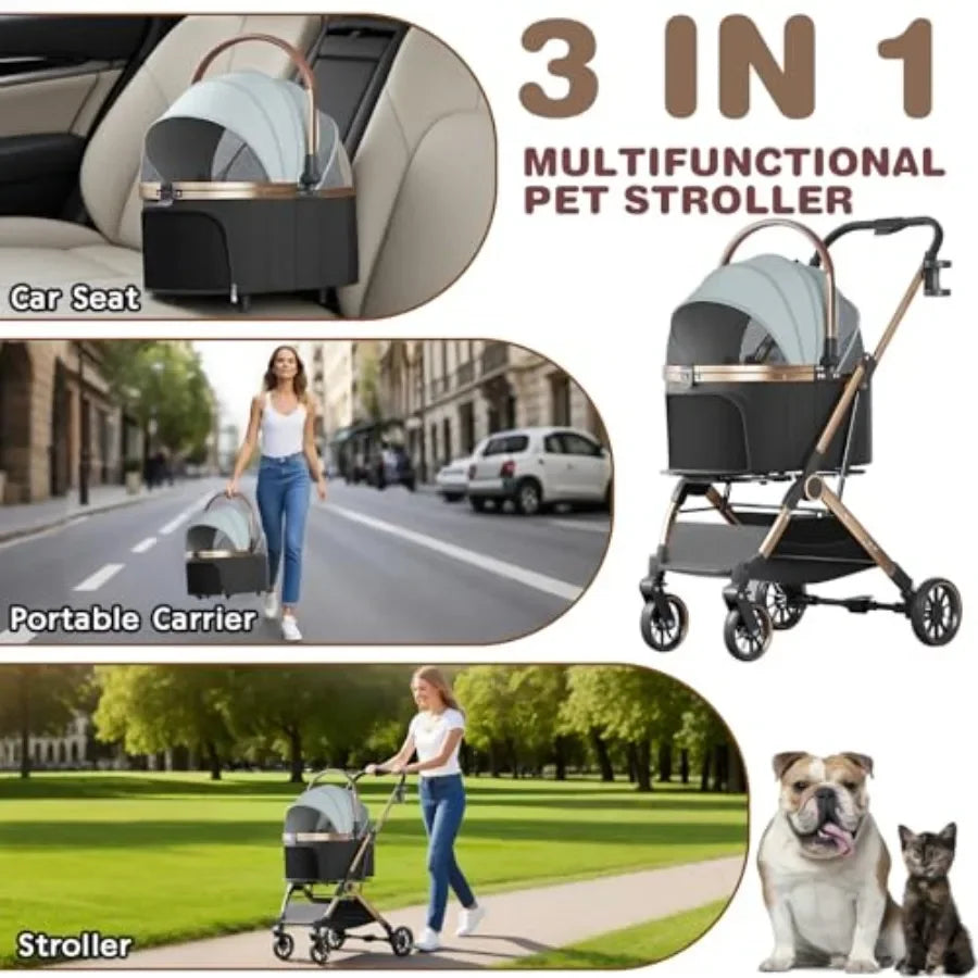 4 Wheels Pet Stroller for Small Medium Dogs Cats Up to 45 lbs Folding Dog Stroller with Detachable Breathable Carrier Suitable