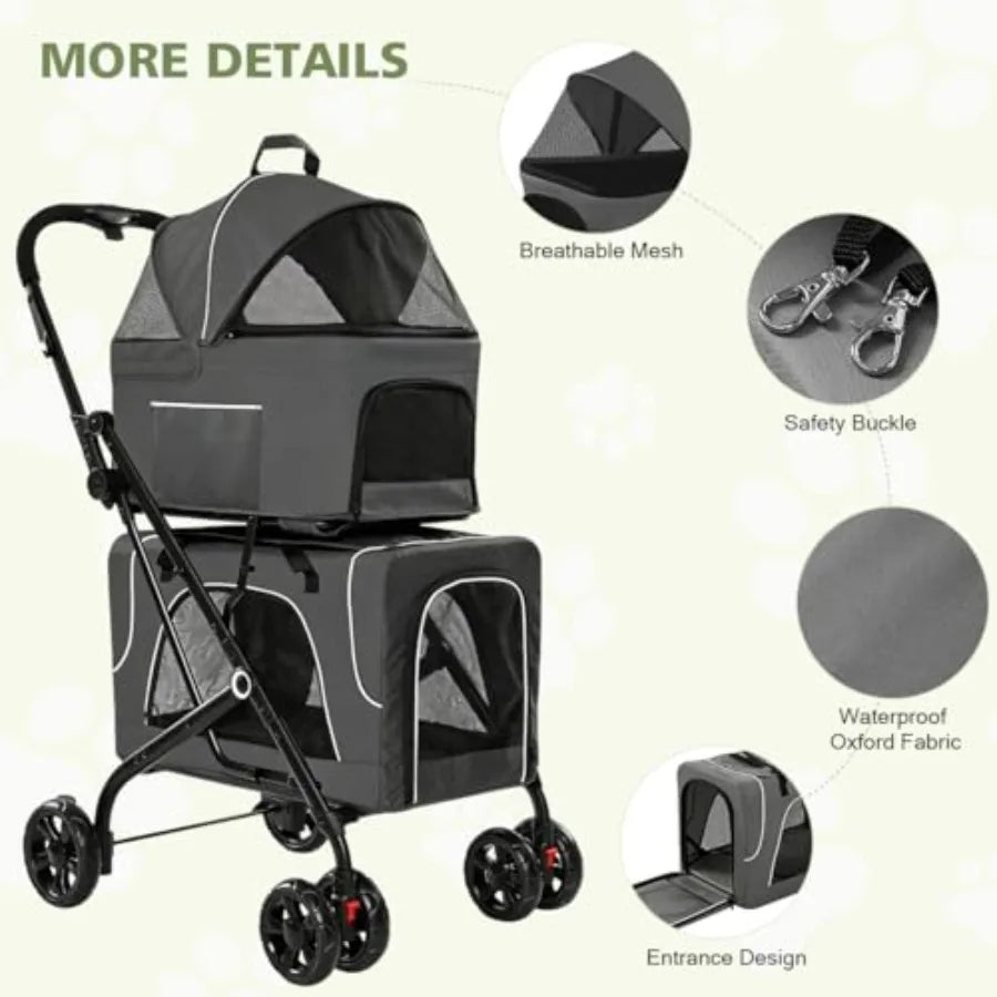 Double Dog Stroller with Detachable Carriers, Foldable 4-Wheel Pet Stroller for Small Medium Dogs Cats Rabbits, 2-Tier Travel C