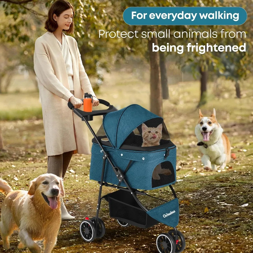 3-Wheel Pet Stroller for Small to Medium Dogs & Cats, Foldable with Mesh Canopy & Cup Holders, Easy Assembly