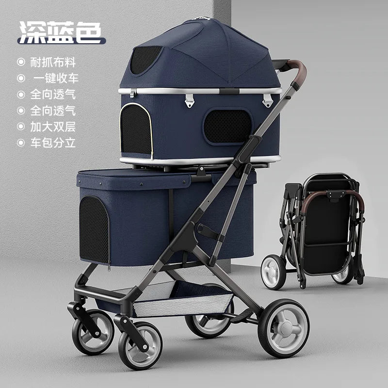Double Layer Pet Stroller, Foldable Lightweight Dog Cat Carrier for Outdoor Travel, Portable Pet Carriage