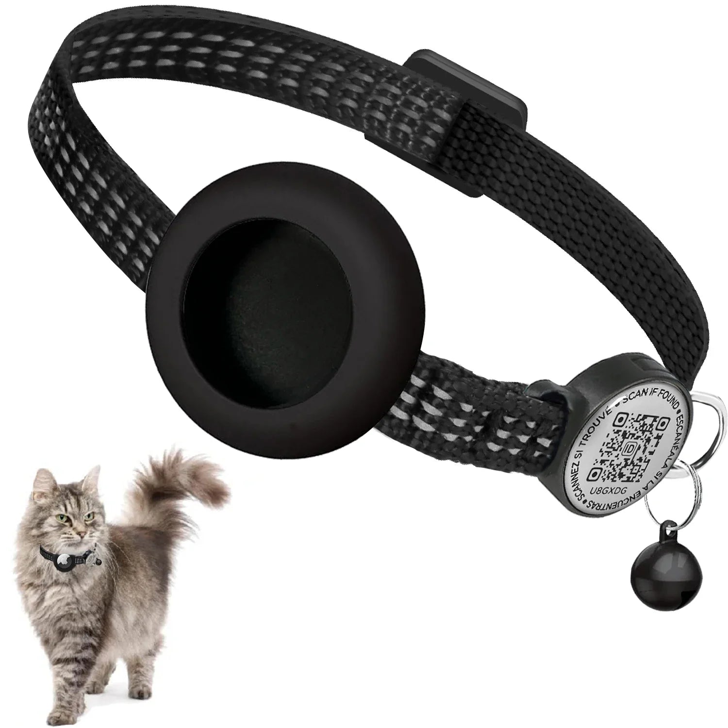 AirTag Cat Collar with Reflective Strip & QR Tag — Adjustable Kitten Collar with Air Tag Holder