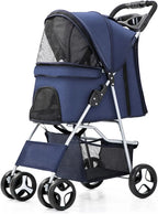4-Wheel Pet Jogger Stroller with Cup Holder & Storage Basket - Travel Pushchair for Small & Medium Dogs & Cats