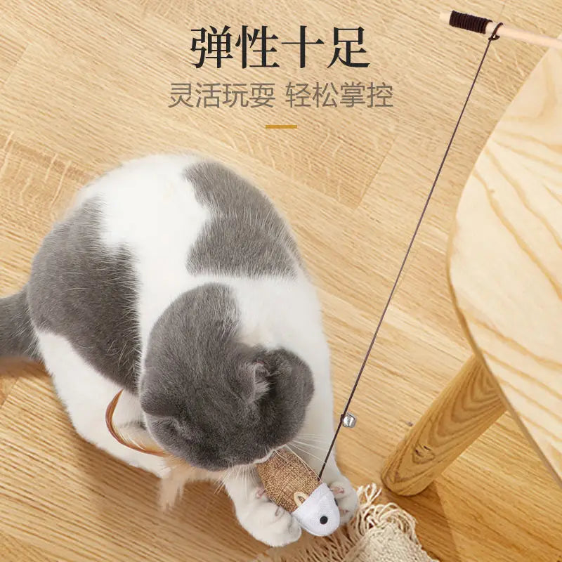 Colorful Feather Rod Cat Wand Toy — Interactive Wood Handle Teaser Stick for Cats