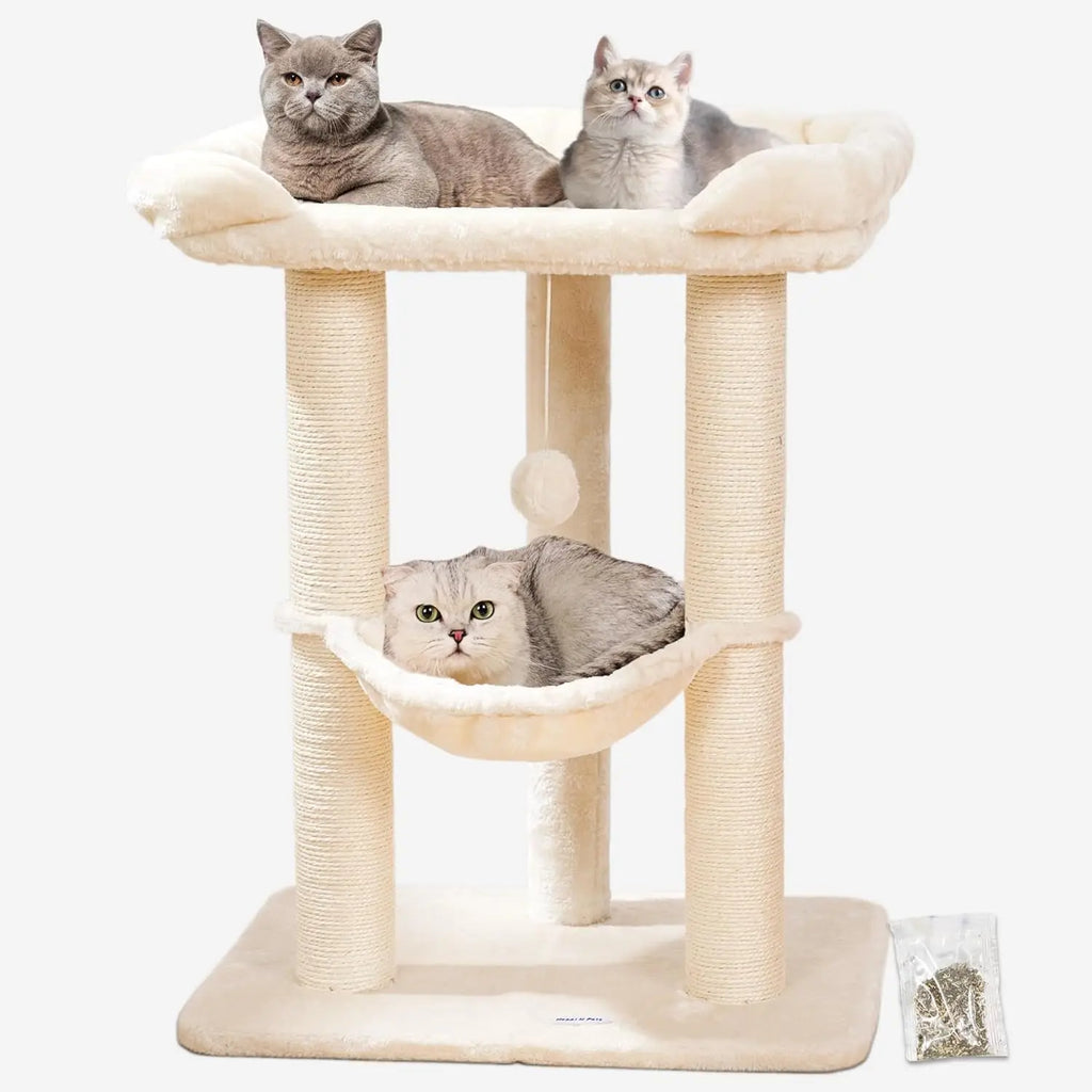28in Cat Tree with Large Bed, Scratching Post & Hammock (Beige)
