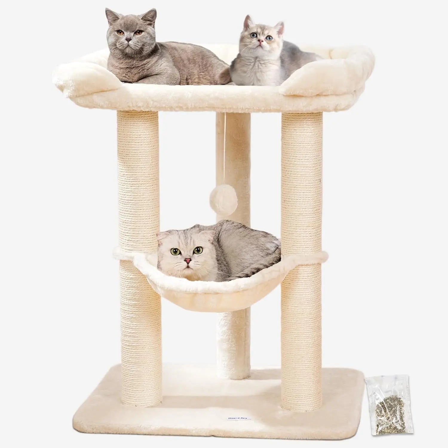 28in Cat Tree with Large Bed, Scratching Post & Hammock (Beige)
