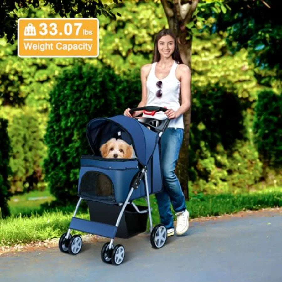 Pet Stroller, 4 Wheels Pet Strolling Cart for Medium/Small Dogs and Cats, Foldable Cat Jogger/Dog Stroller with Cup Holder, Sto