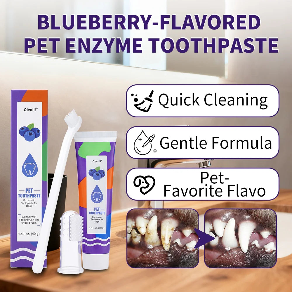 Pet Teeth Cleaning Kit Enzymatic Toothpaste for Cats Dogs with Toothbrush Finger Brush Reduce Plaque Tartar Blueberry Flavor
