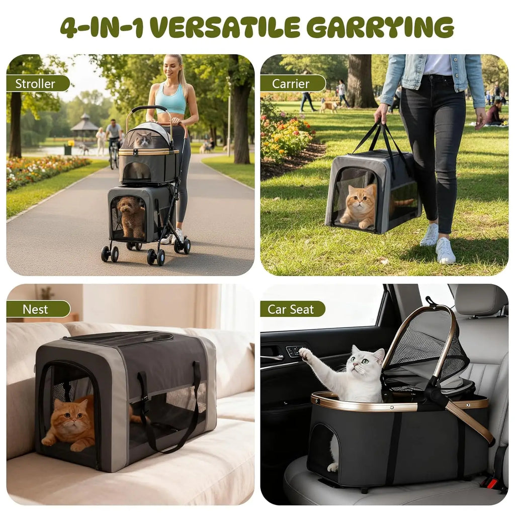 Double Pet Stroller for 2 Dogs & Cats - Foldable Travel Carriage with Detachable Carriers, Safety Belts & 4 Lockable Wheels