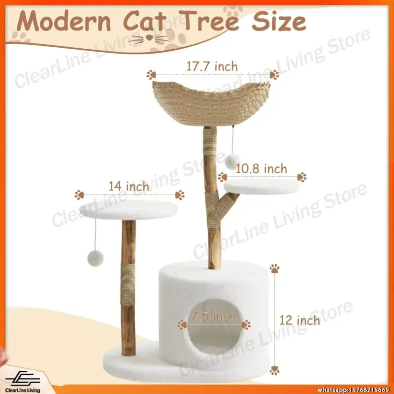 Real Wood Modern Cat Tree Tower with Wicker Condo & Scratching Post