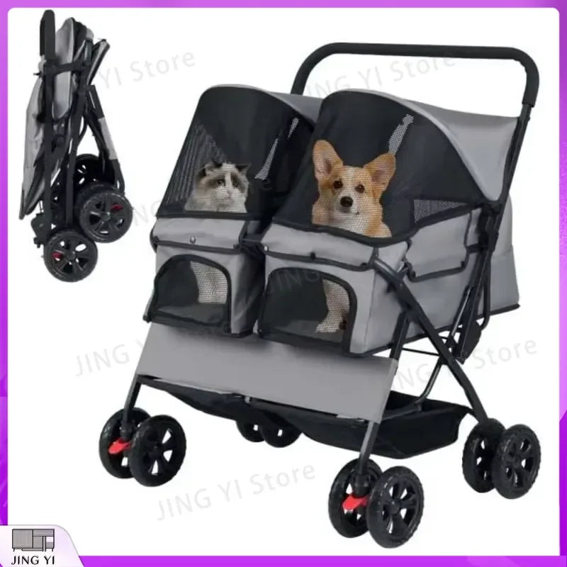 Foldable Double Pet Stroller with Adjustable Sunshade Storage Basket and Pet Travel Accessories for Dogs Cats Small Animals