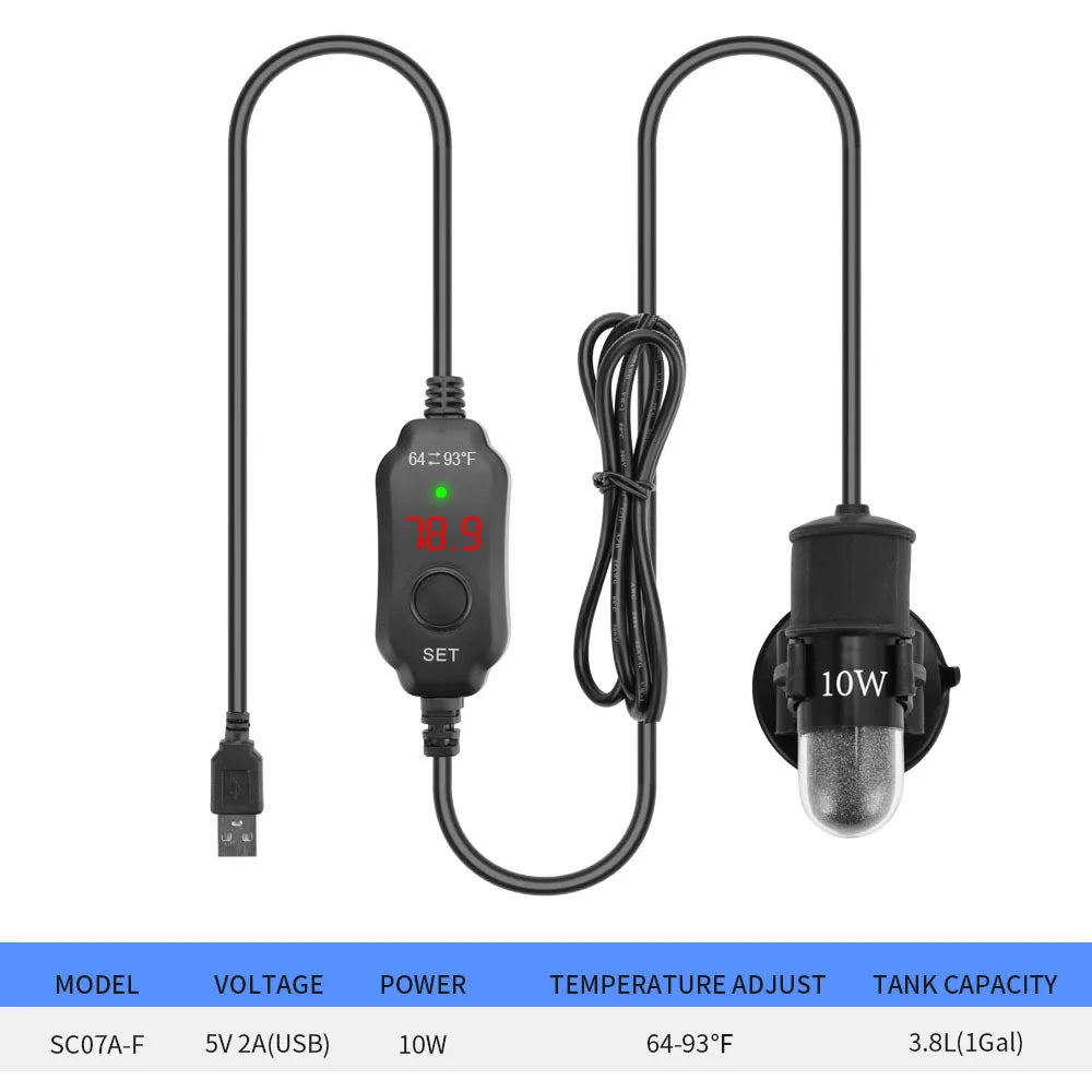 USB Mini Aquarium Heater Rod (Submersible, 18–34°C Adjustable, Thermostat, Fish Tank)