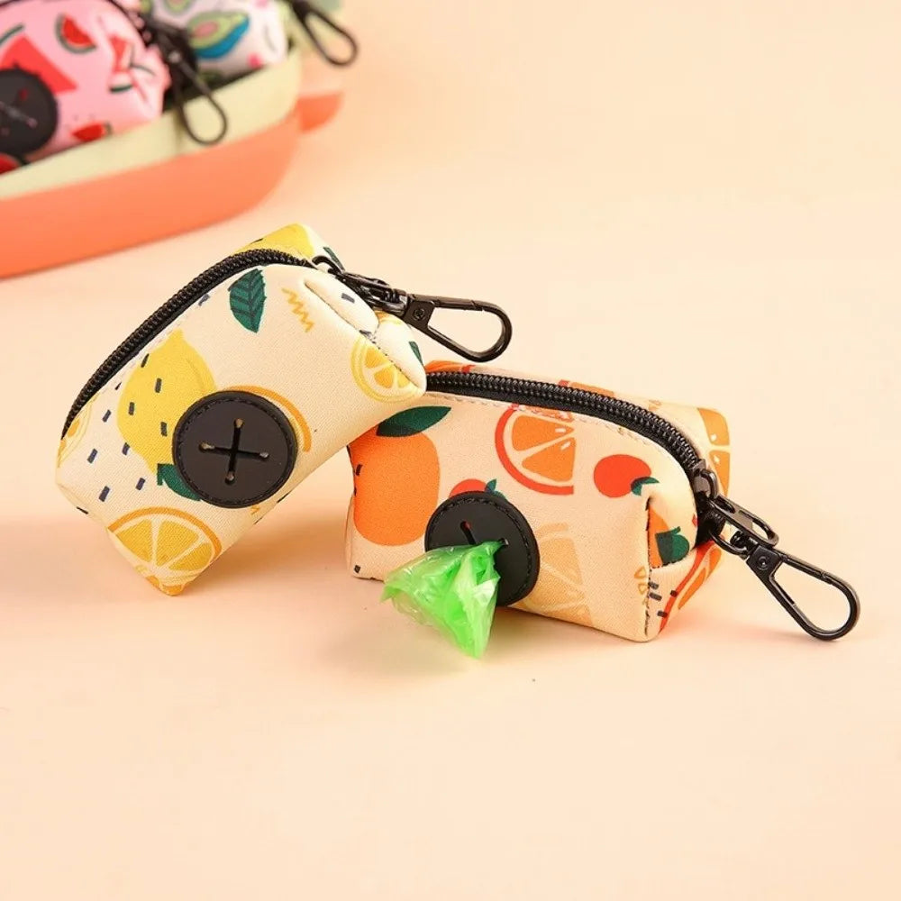 New Cute Fruit Pattern Dog Poo Bag Holder with Buckle Waterproof Waste Bag Holder Zipper Poo Bag Dispenser for Dog Leash