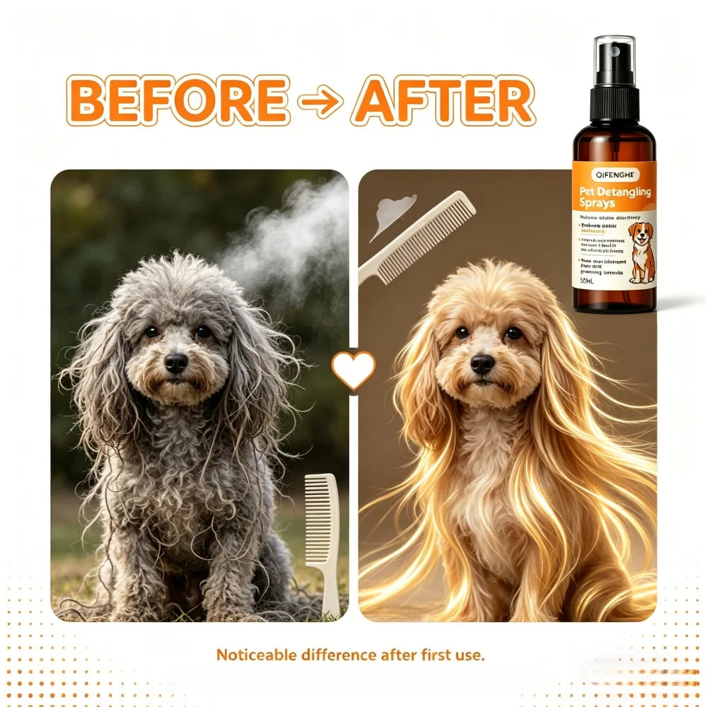 QIFENGHE 50ml Pet Detangling Spray, Leave-In Conditioner for Dogs & Cats, Reduce Static & Eliminate Knots, No-Rinse Grooming Spr
