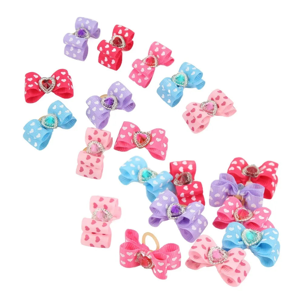 Heart-Shaped Pet Bow Hair Ties 20-Pack (Rhinestone, Elastic Band)