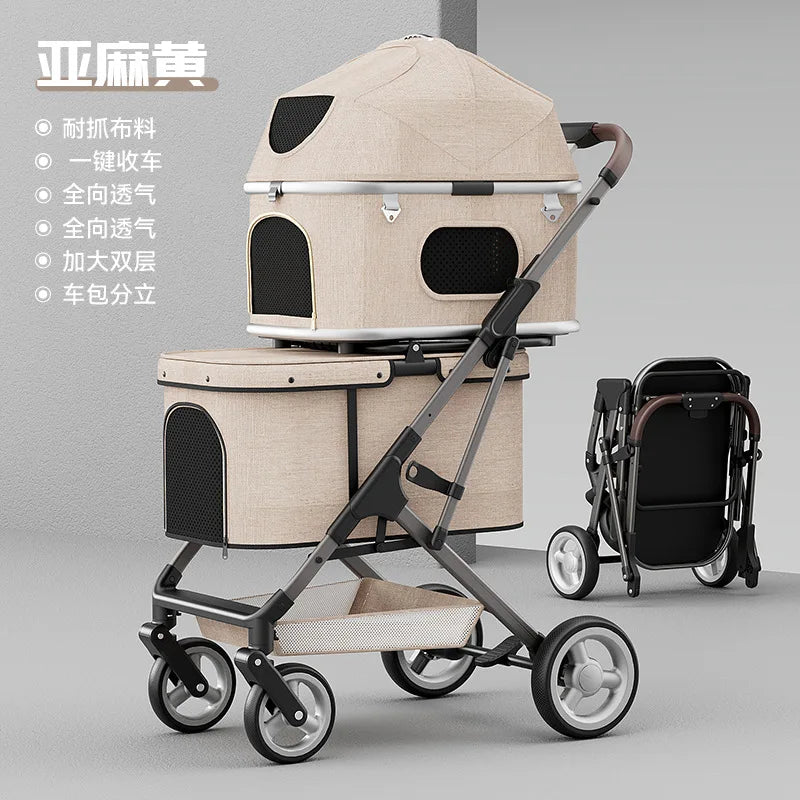 Double Layer Pet Stroller, Foldable Lightweight Dog Cat Carrier for Outdoor Travel, Portable Pet Carriage