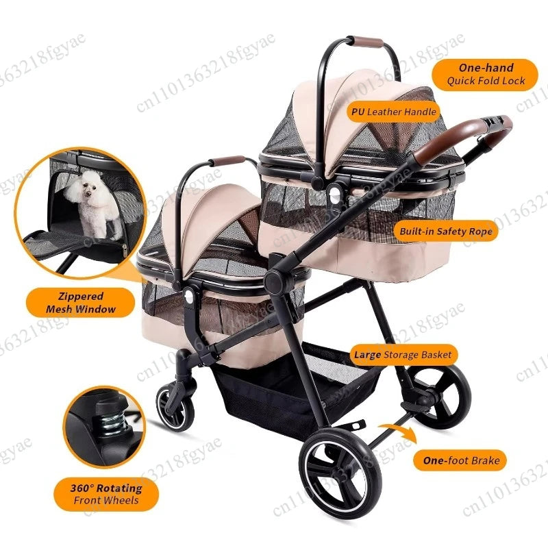 Lightweight Foldable Double Pet Stroller, Detachable Single/Double Carrier for Small & Medium Dogs Cats, Portable for Car Travel