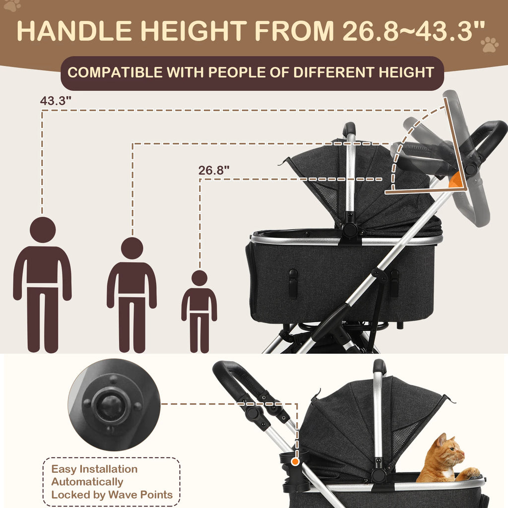 4-Wheel Pet Stroller with Detachable Carrier (Foldable, up to 50lbs)
