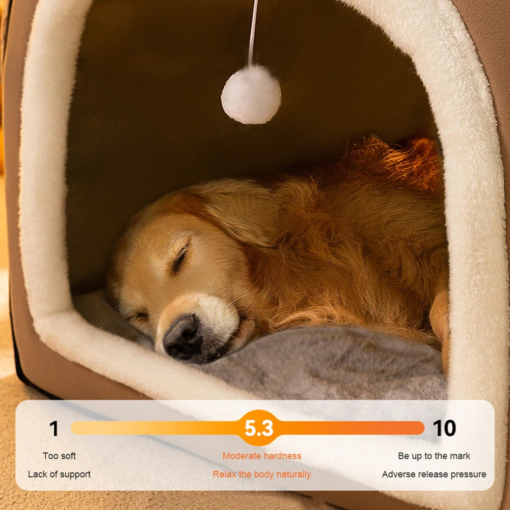 Detachable Warm Winter Pet House with Washable Plush Mat — Indoor Dog Kennel & Cat Bed Castle