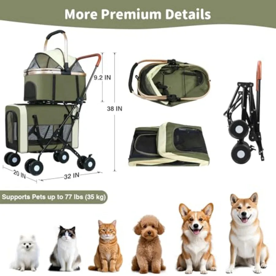 Double Pet Stroller for Dogs and Cats: Dog Stroller Foldable Travel Carriage with Detachable Carriers, Safety Belts, and 4 Lock