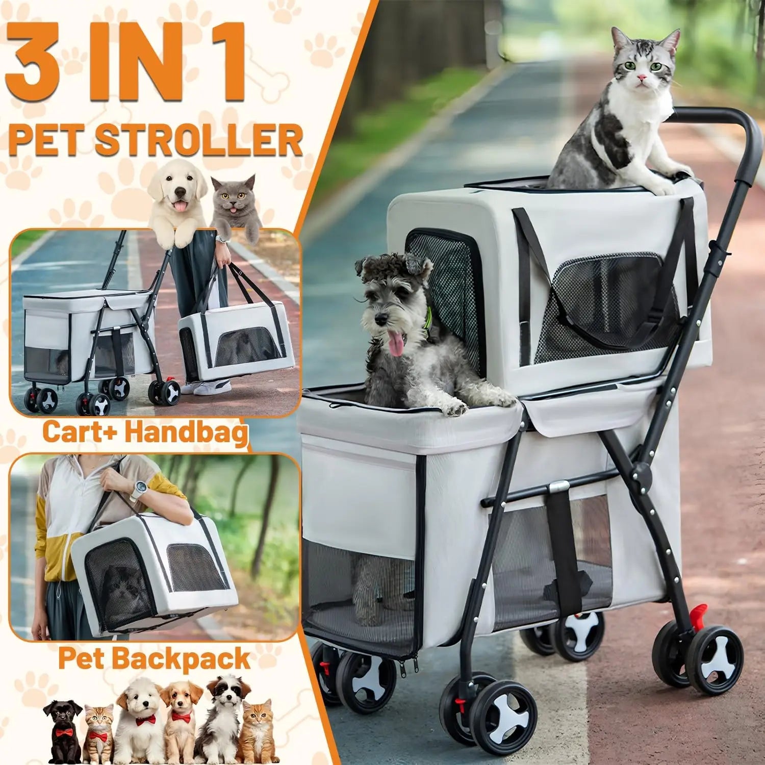 Double Pet Stroller for Dog Cats, Quick-Folding Dog Stroller Carrier with Detachable Carriers, Pet Travel Carrier Strolling Cart