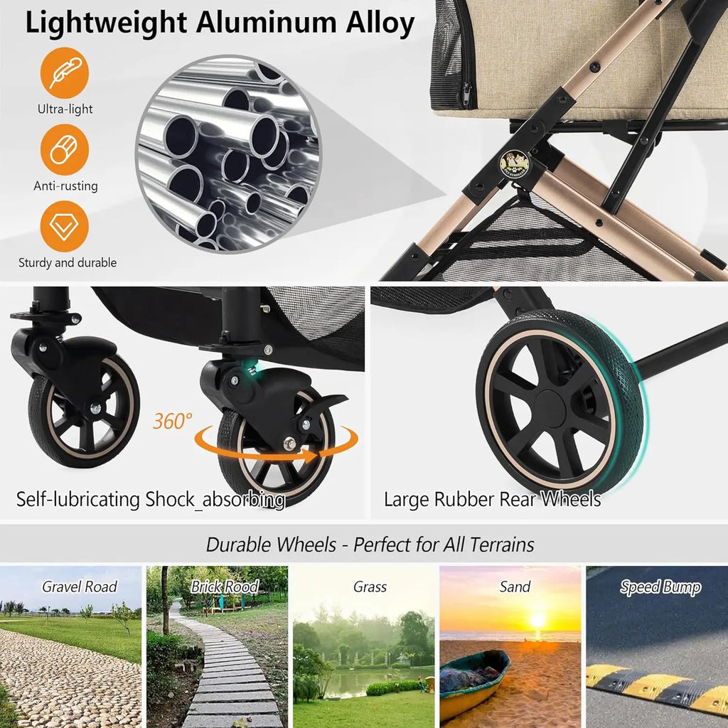 3-in-1 Pet Stroller for Outdoor Use, Aluminum Alloy, Khaki, Detachable Carrier & Pad, Lightweight, Foldable, Dual No-Zip Entry