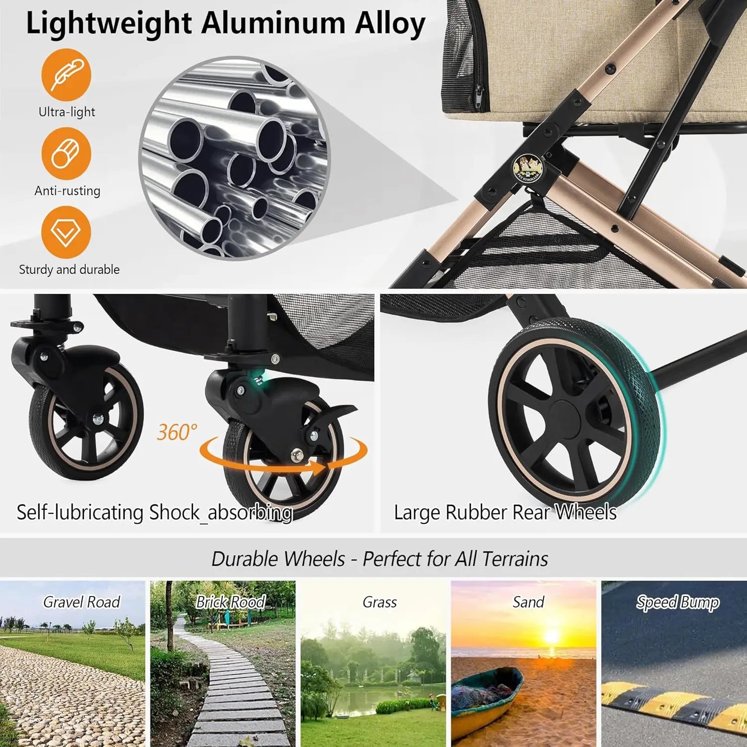 3-in-1 Pet Stroller for Outdoor Use, Aluminum Alloy, Khaki, Detachable Carrier & Pad, Lightweight, Foldable, Dual No-Zip Entry