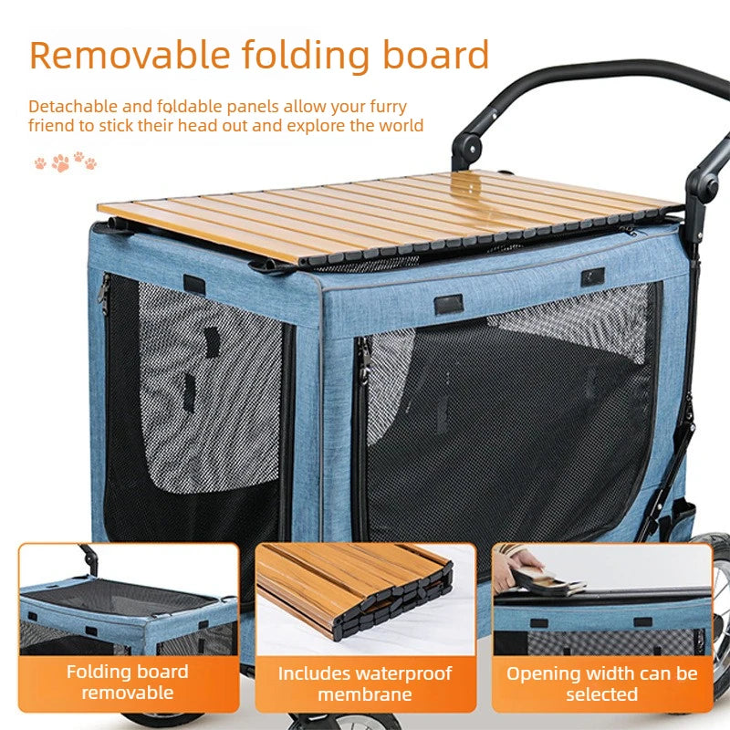Multifunctional Foldable Camping Cart Large Pet Stroller Trolley with Wooden Table Top Heavy Cart for Outdoor Travel Dog Carrier