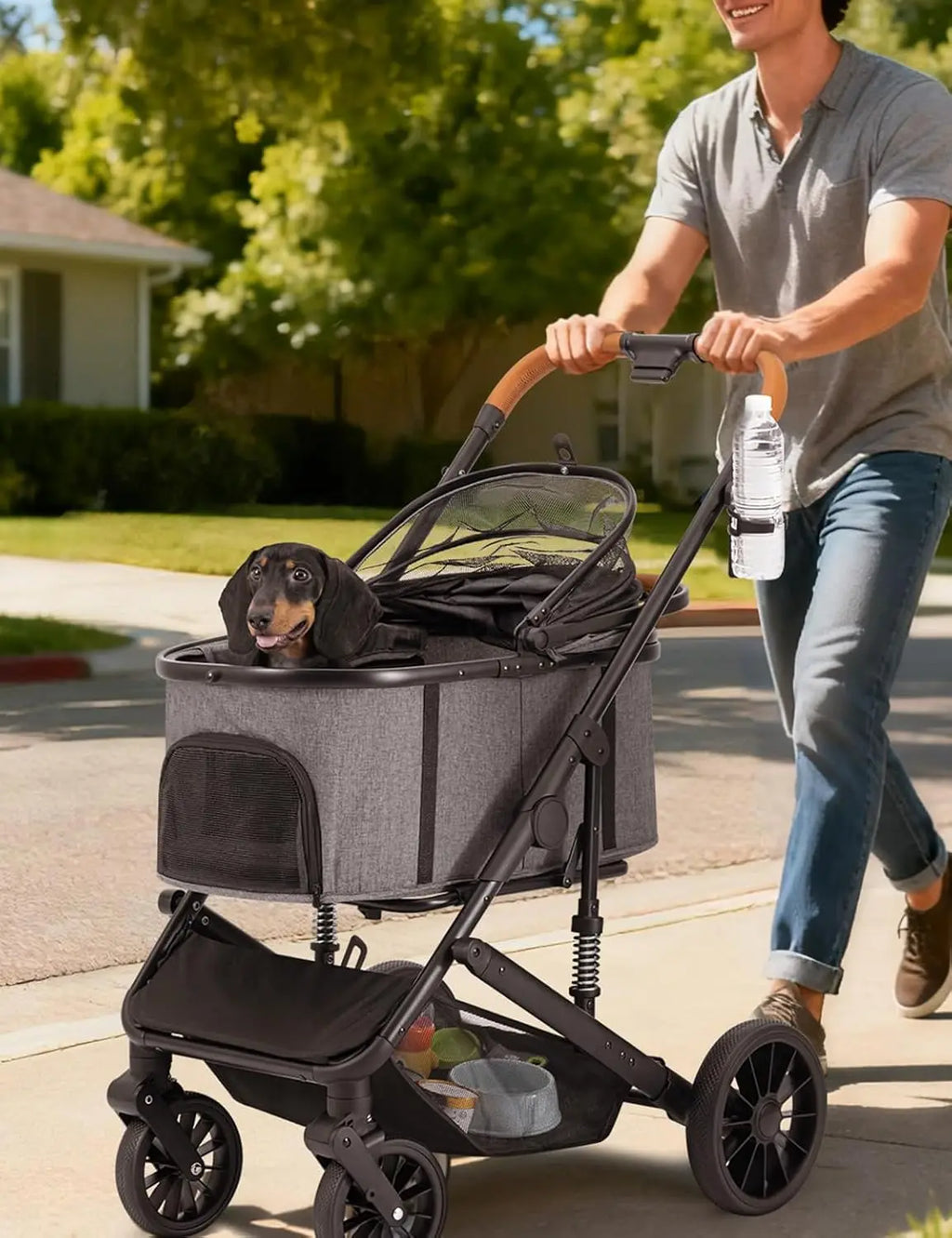 Travel for Small and Medium Dogs and Cats, 4 Wheels, Folding, Detachable Carrier, Breathable, Grey