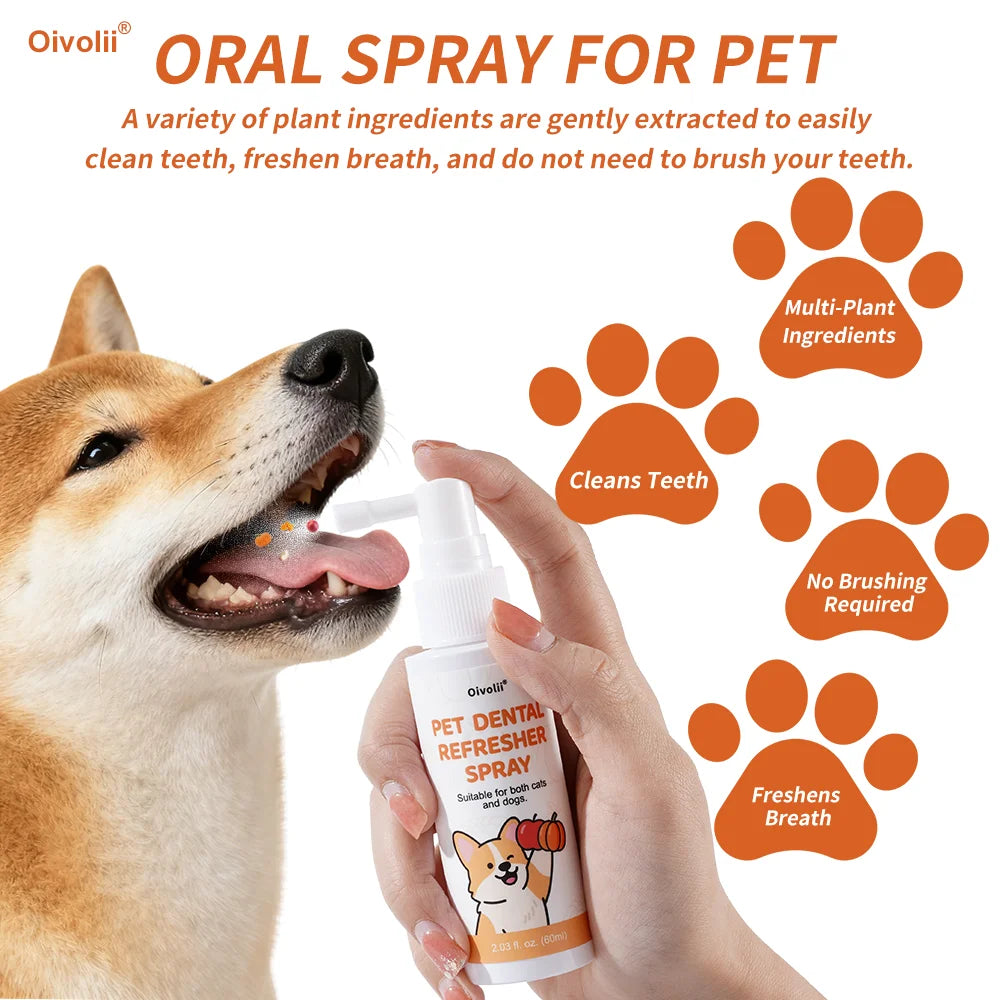60ml Dog Dental Spray No Brushing Teeth Cleaning, Plaque Remover, Multi-Plant Formula, Pet Breath Freshener & Deodorant