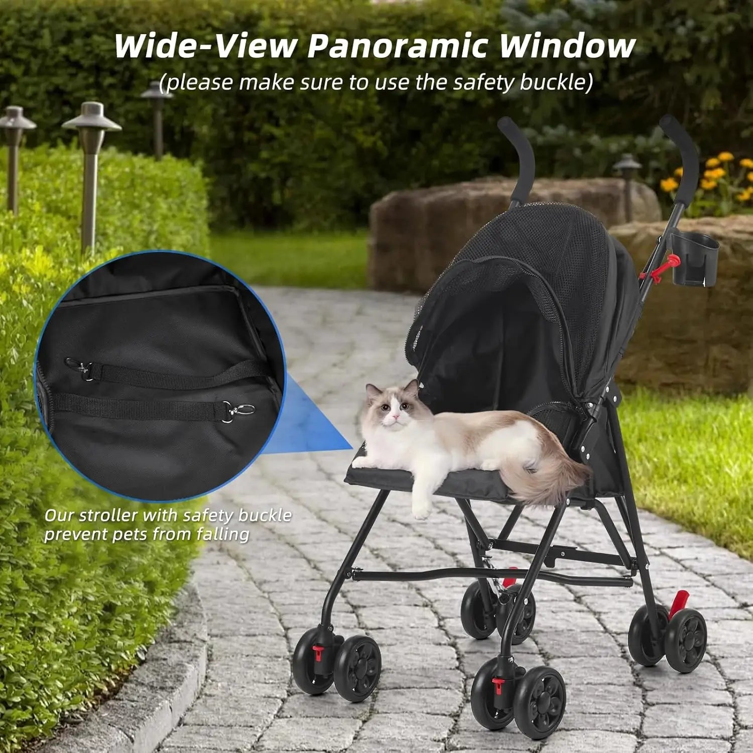 Pet Travel on All Road Surfaces with Oxford Cloth Material, Black, Foldable, Wide-View Window and Brakes