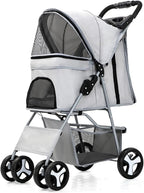 4-Wheel Pet Jogger Stroller with Cup Holder & Storage Basket - Travel Pushchair for Small & Medium Dogs & Cats