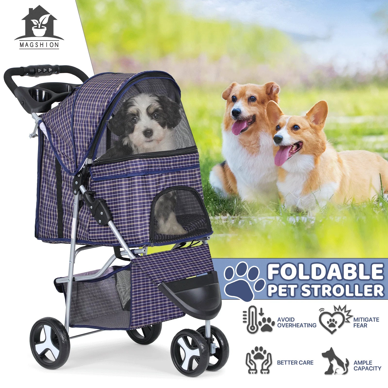 Magshion 3 Wheels Pet Dog Cat Stroller for Small Medium Dogs Cats, Foldable Jogger Stroller w/Storage Basket and Cup Holder