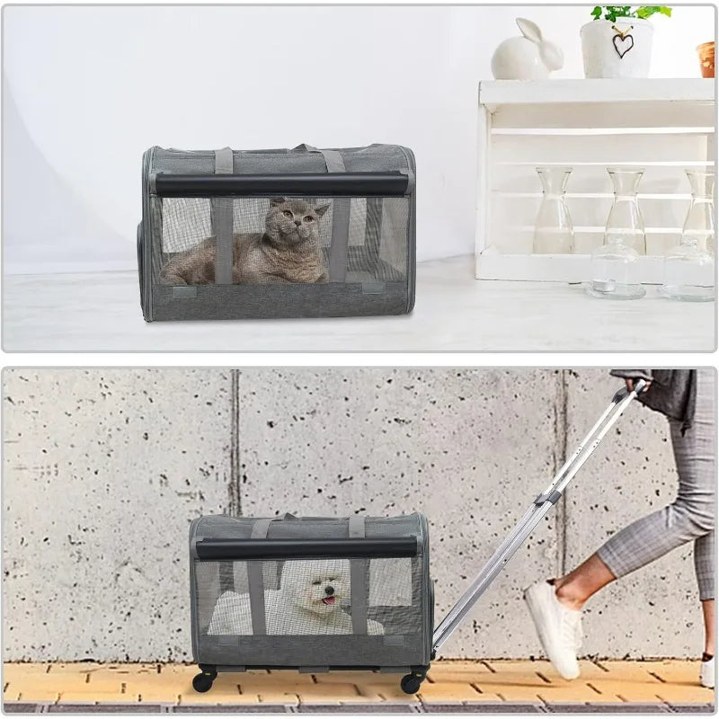 Large Rolling Pet Carrier with Wheels (up to 30lbs, Breathable, Collapsible)